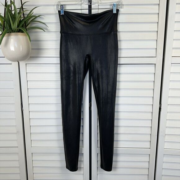 Spanx Black Faux Leather Leggings Power Waistband‎ Coated Athleisure Size M - Picture 1 of 11